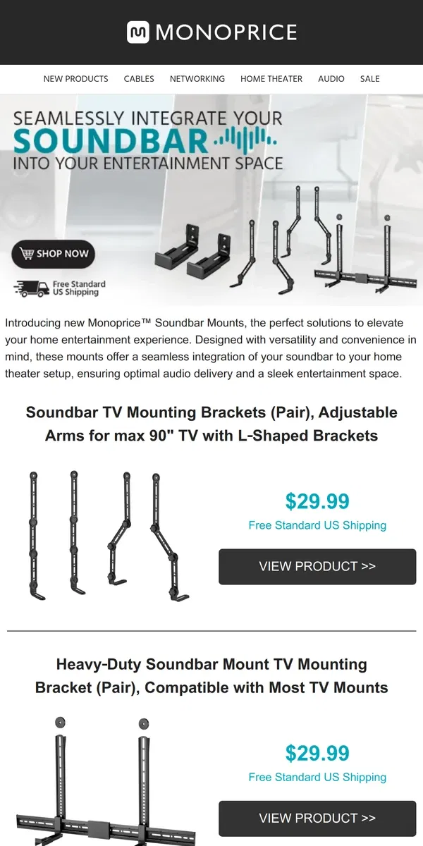 Email from Monoprice. NEW ARRIVALS | Secure Your Soundbars with Our Wall Mount Solutions!