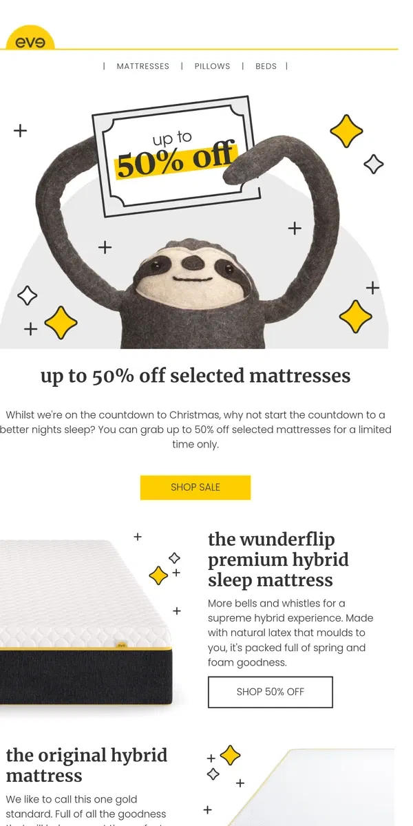 Email from Eve Sleep. up to 50% off