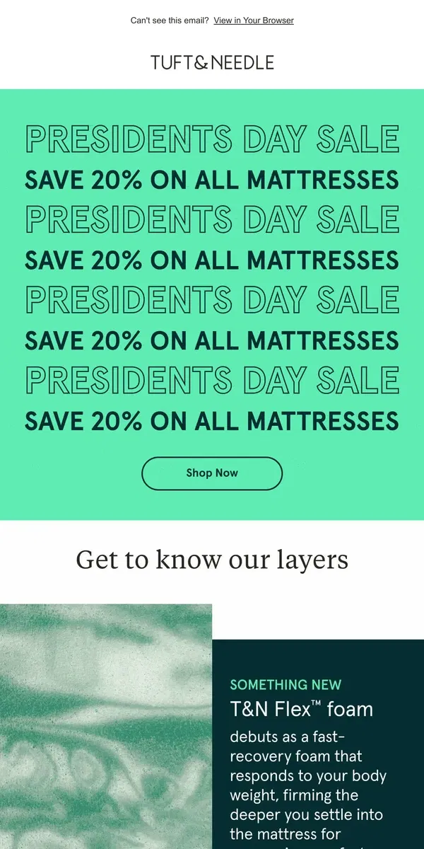 Email from Tuft & Needle. Presidents Day Sale: Save 20%