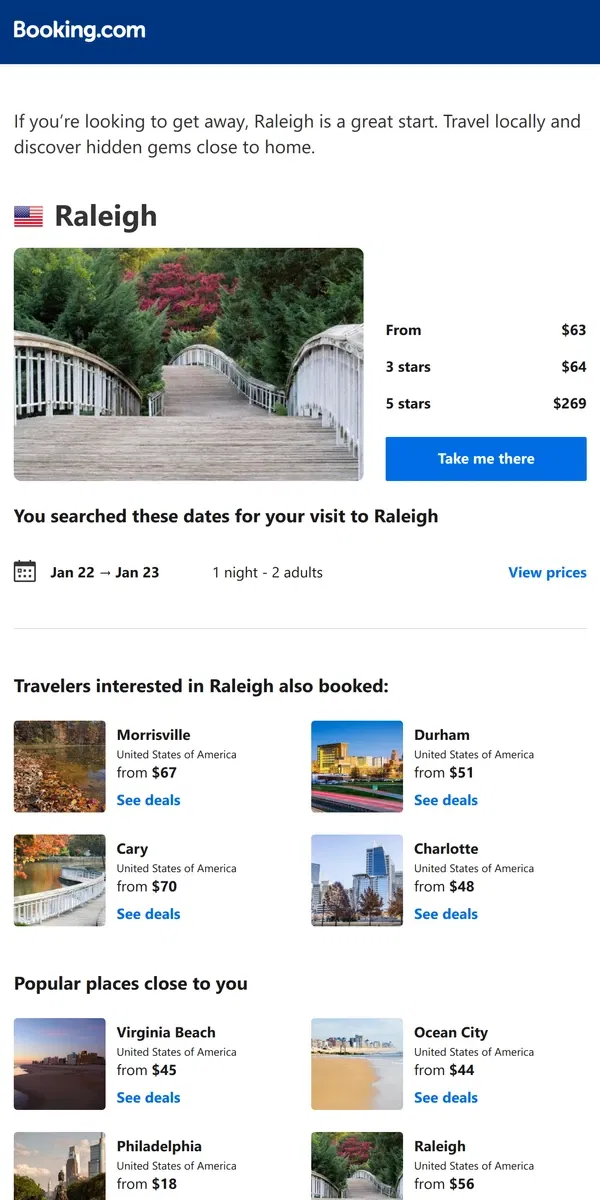 Email from Booking.com. A stay in Raleigh from $63 – now that's a good price!