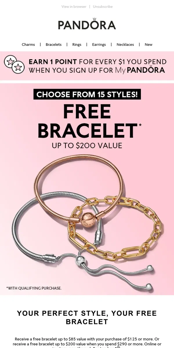 Email from Pandora Jewelry. Tick tock, your free bracelet is waiting