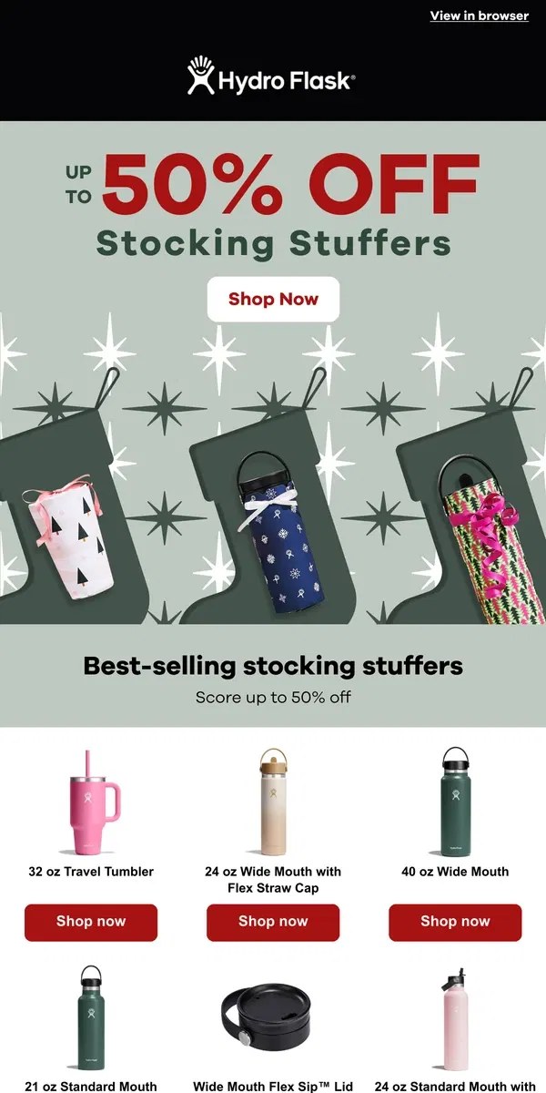 Email from Hydro Flask. Up to 50% off stocking stuffers