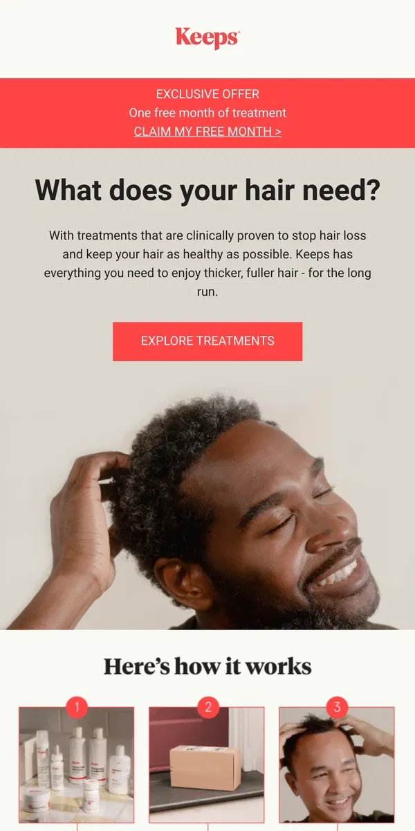 Email from Keeps. Don't leave your hair behind.