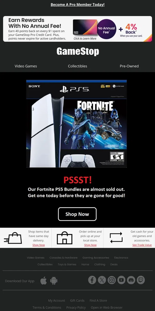 Email from GameStop. 🚨 Don't Miss Out: Fortnite PS5 Bundles in Limited Supply!