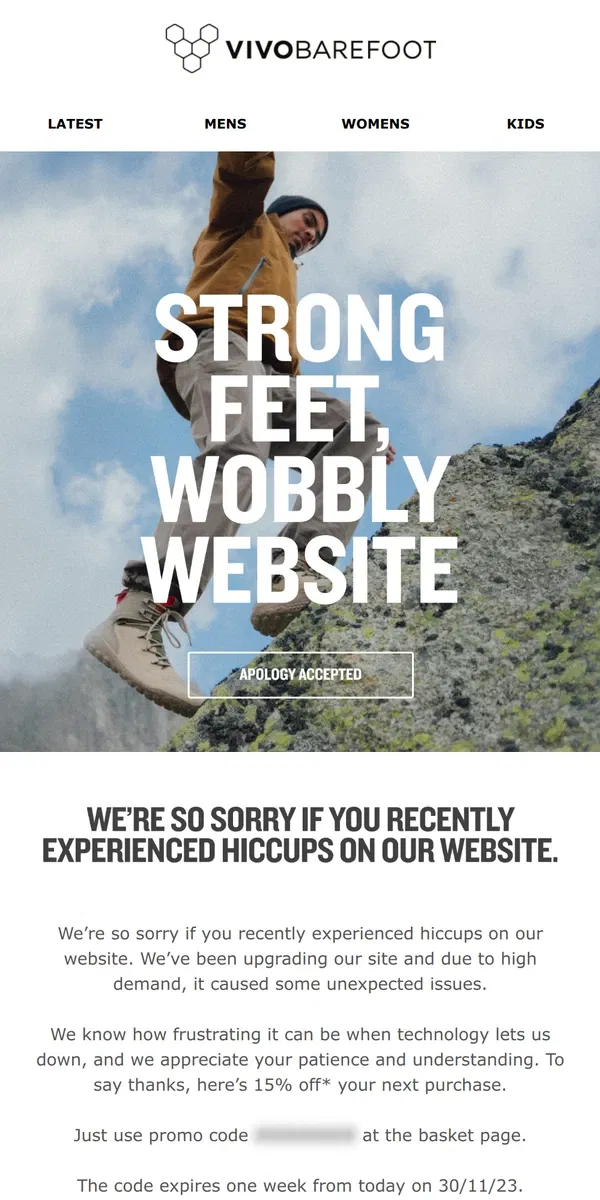 Email from Vivobarefoot. Our website took a wobble