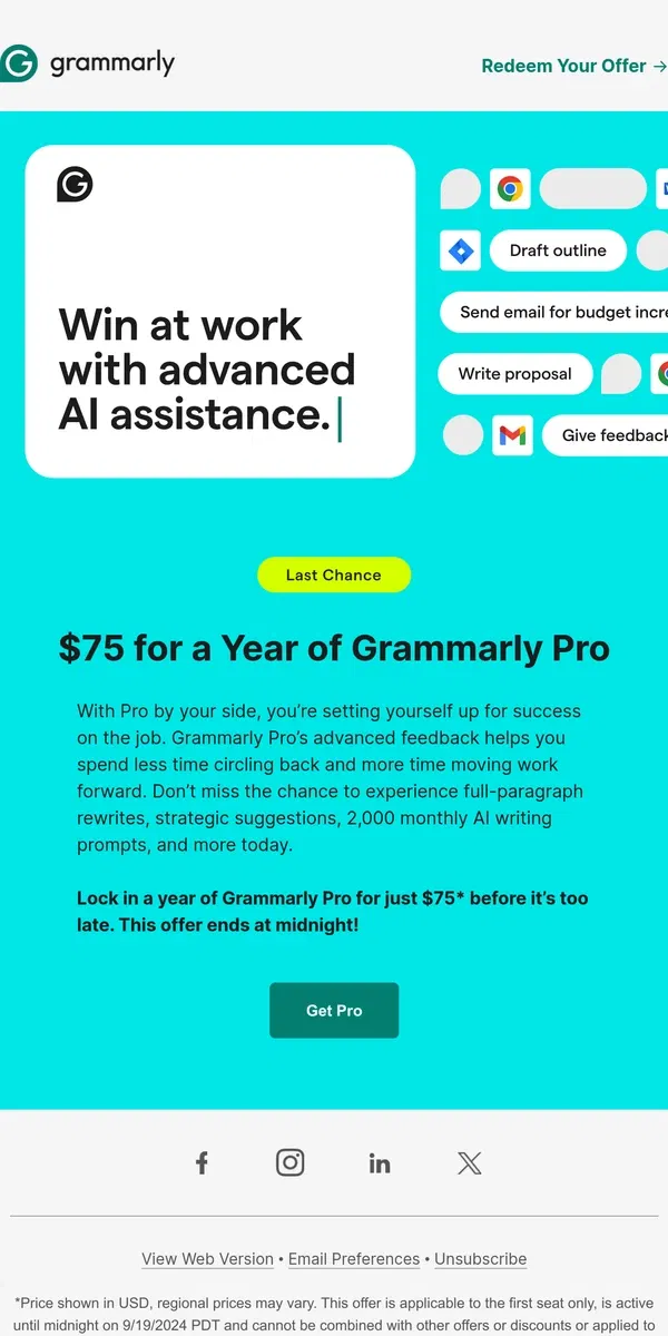 Email from Grammarly. ⌛ Last chance—only $75 for a year of Pro