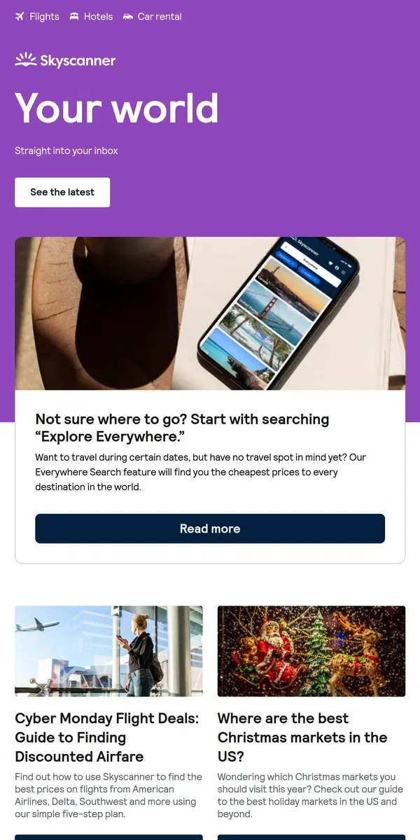 Email from Skyscanner. Not sure where to go? Start with searching “Explore Everywhere.”