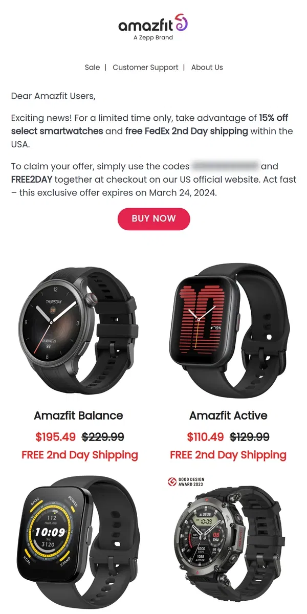 Email from Amazfit. Get Exclusive 15% Off + Free FedEx 2nd Day Shipping!