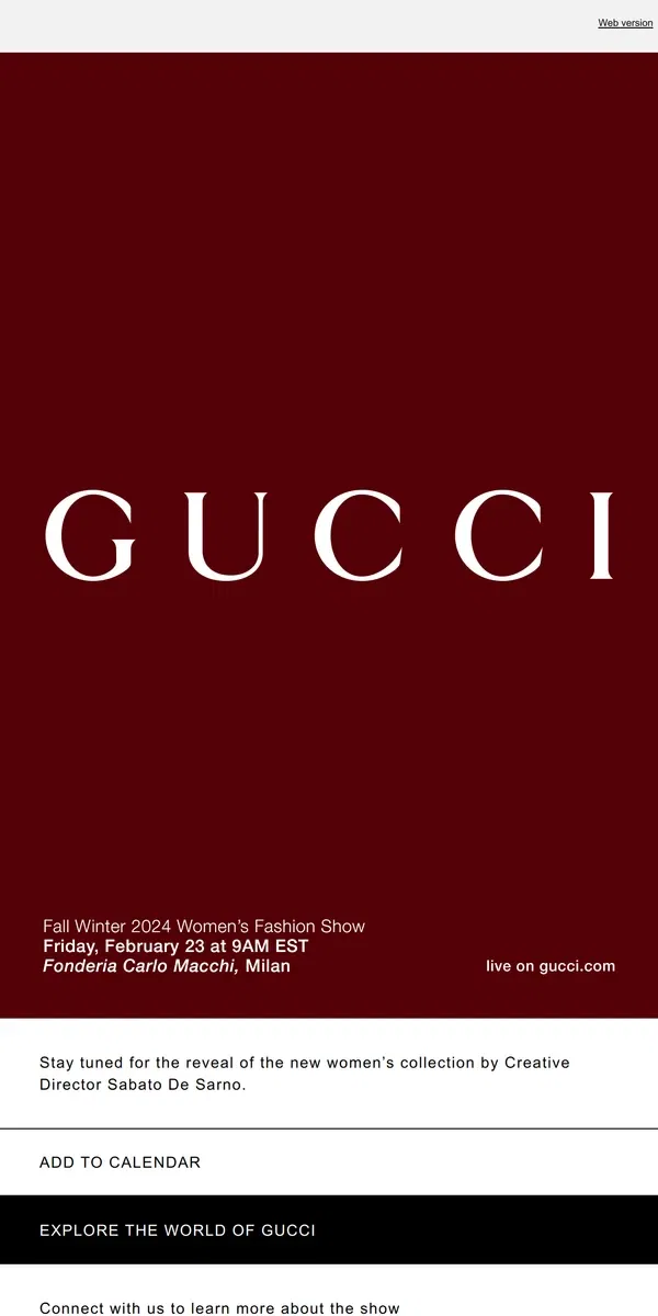 Email from GUCCI. Coming Soon: Fall Winter 2024 Fashion Show