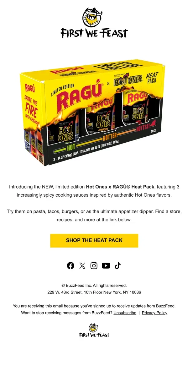 Email from First We Feast. 🔥 LIMITED TIME HOT ONES x RAGÚ® IS HERE