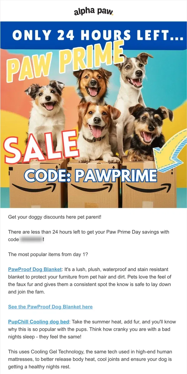 Email from Alpha Paw. Paw Prime: Only 24 hours left to save an extra 25% 🐾