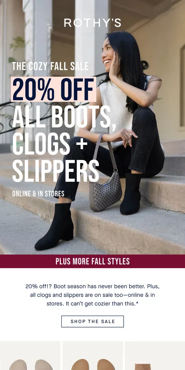 Email from Rothy's. Take 20% off all boots, clogs & slippers!