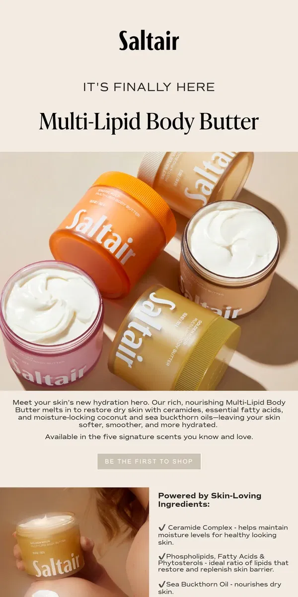 Email from Saltair. New Launch: Multi-Lipid Body Butter