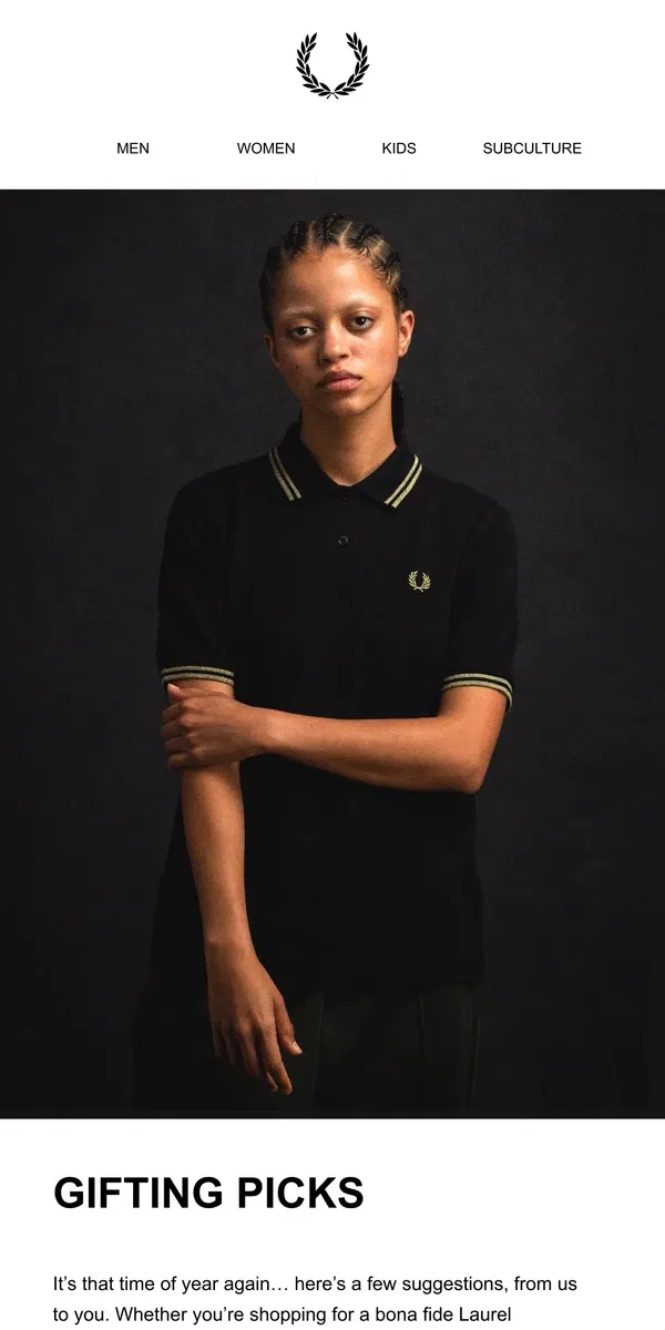 Email from Fred Perry. Gifting Picks