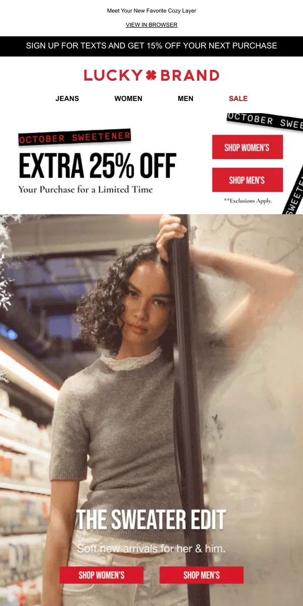 Email from Lucky Brand. The Fall Sweater Edit + EXTRA 25% OFF!