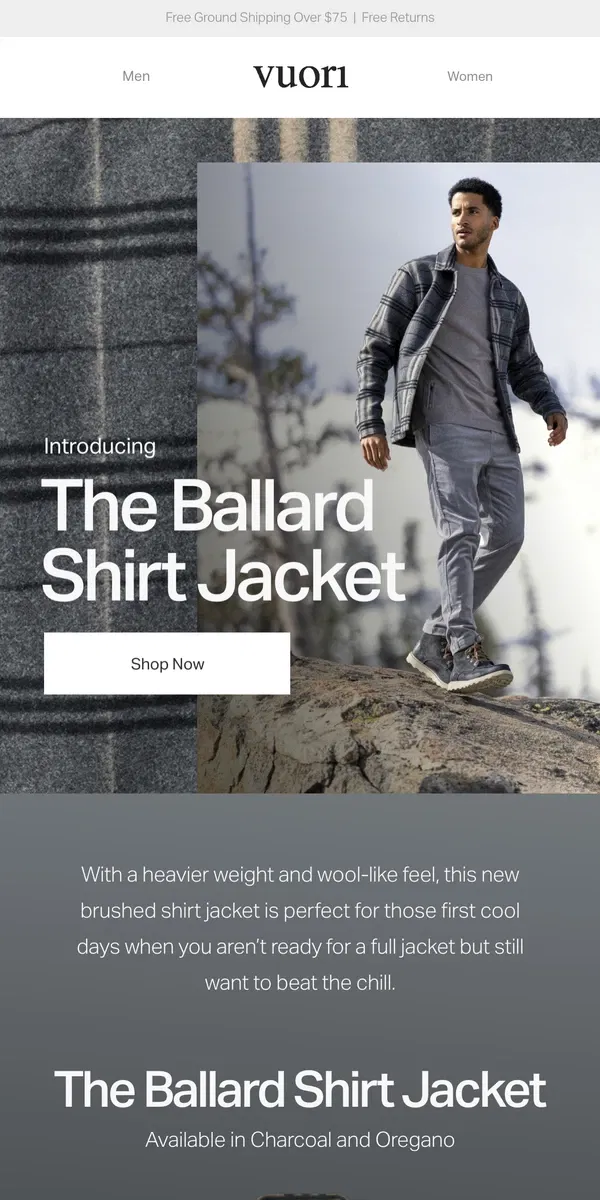 Email from Vuori. Get To Know The Ballard Shirt Jacket