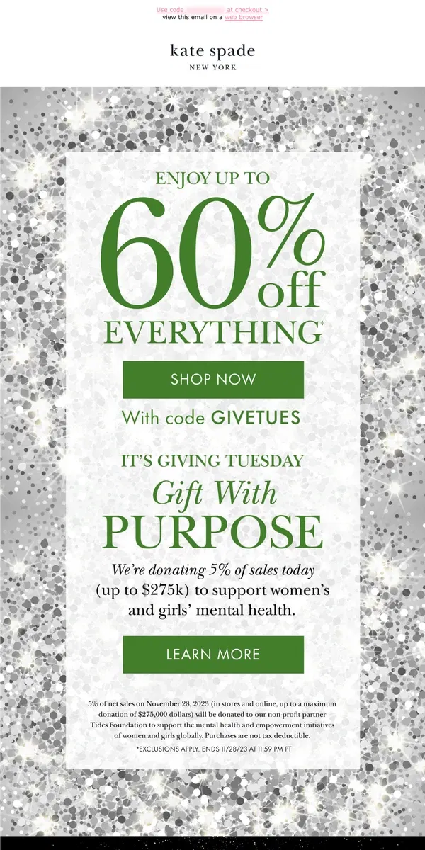 Email from Kate Spade. Up to 60% off! Gift with purpose