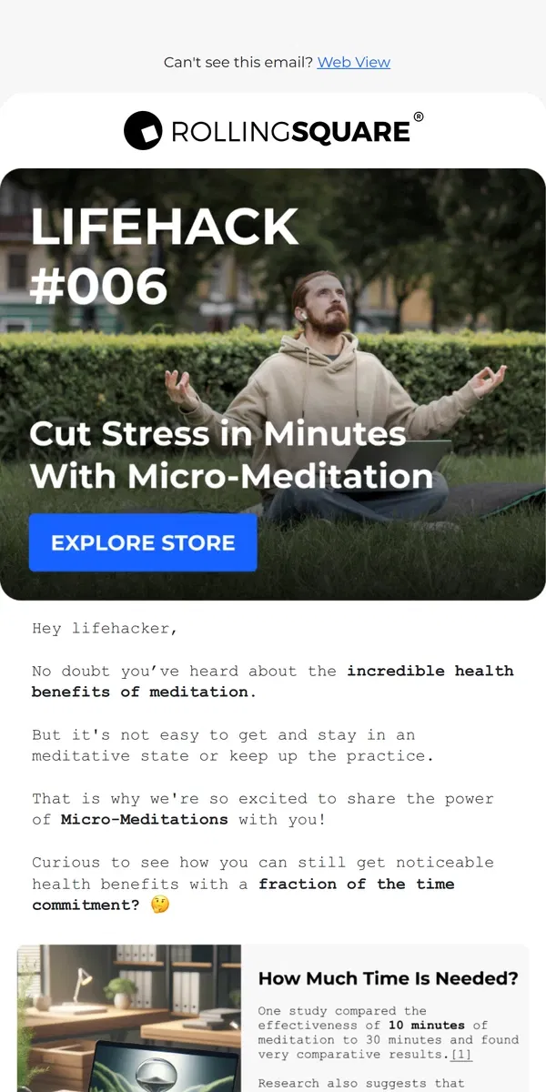 Email from Rolling Square. Lifehack: Micro-Meditation 🧘