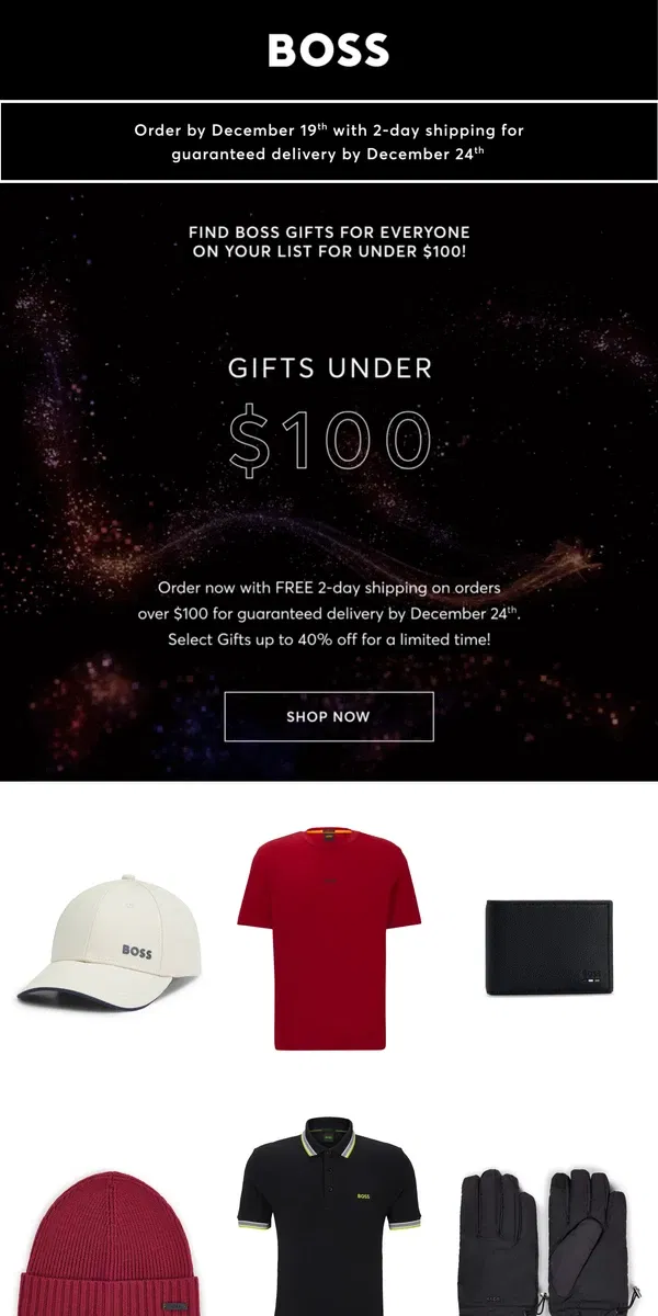 Email from HUGO BOSS. BOSS Gifts Under $100!