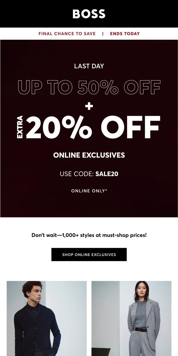 Email from HUGO BOSS. Last Call | Save an Extra 20% on Online Exclusives