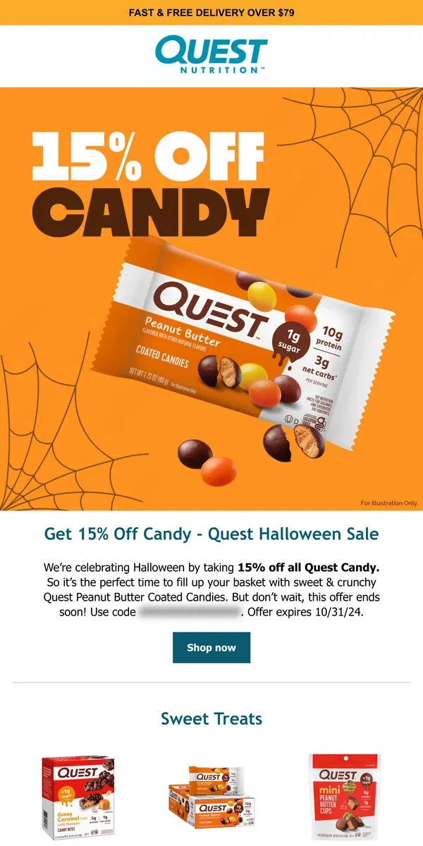 Email from Quest Nutrition. Halloween Sale - 15% off Candy! 🍬👻