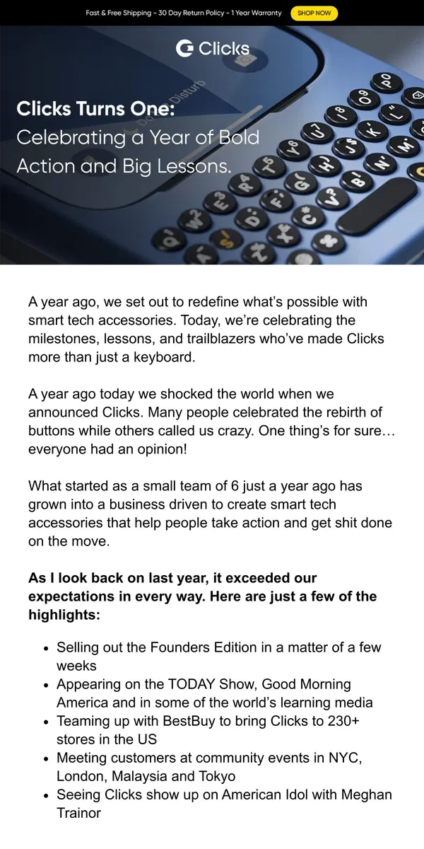 Email from Clicks. Clicks turns one! 🎂