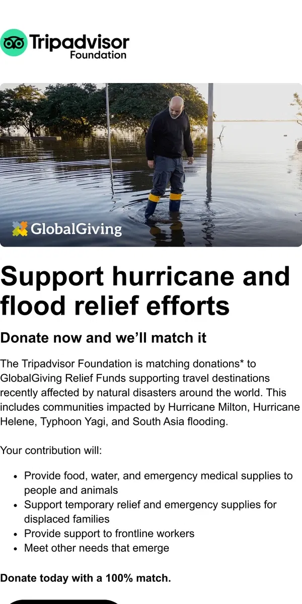 Email from Tripadvisor. Donate to hurricane relief and we’ll match it