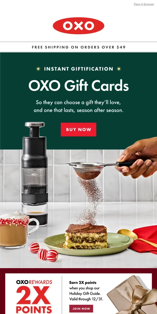 Email from OXO. OXO Gift Cards - for last minute everything