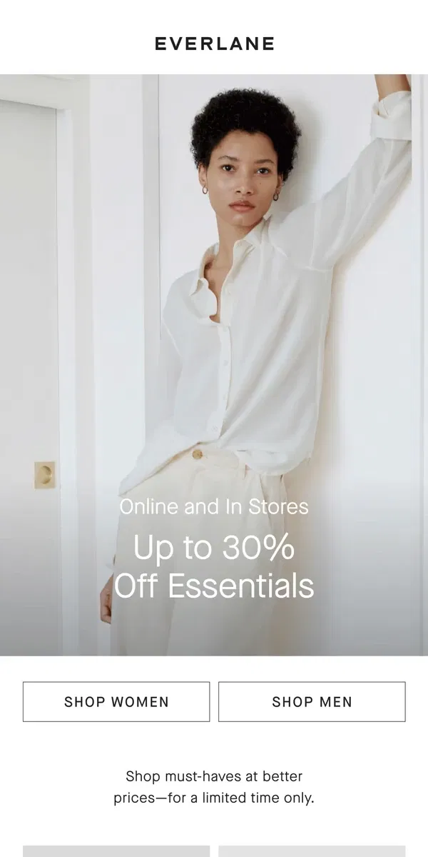 Email from Everlane. Up to 30% Off Essentials