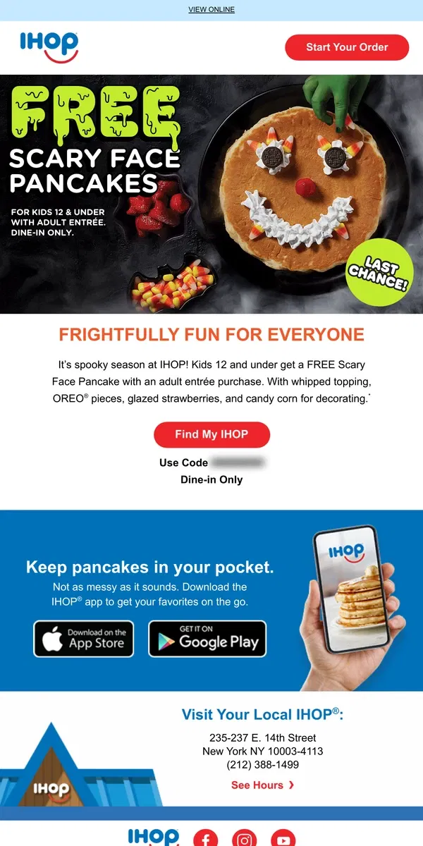 Email from IHOP. 👻ENDING SOON: FREE Scary Face Pancakes