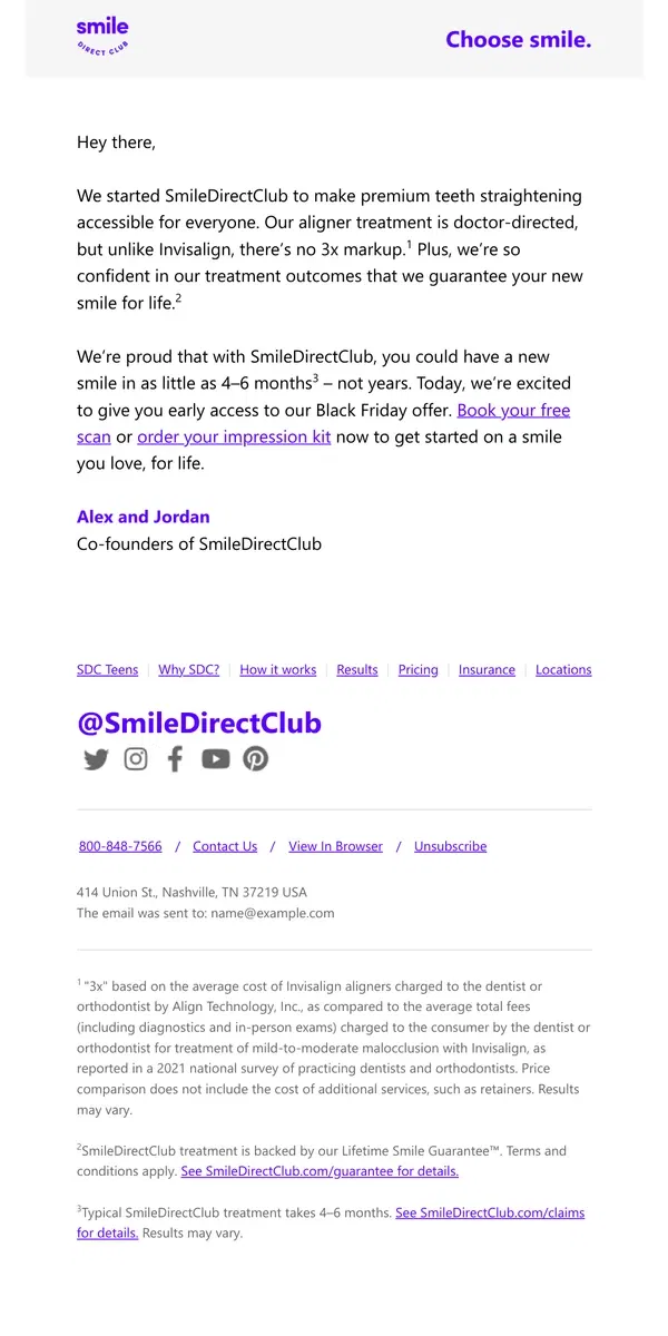 Email from SmileDirectClub. An early holiday gift from our co-founders.