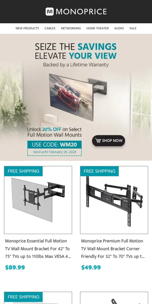 Email from Monoprice. Extra 20% OFF Select TV Wall Mounts! 📺