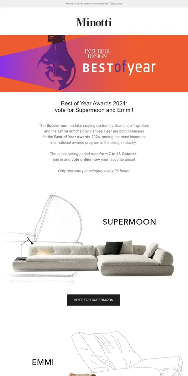 Email from MINOTTI. Best of Year Awards 2024: vote for Supermoon and Emmi!