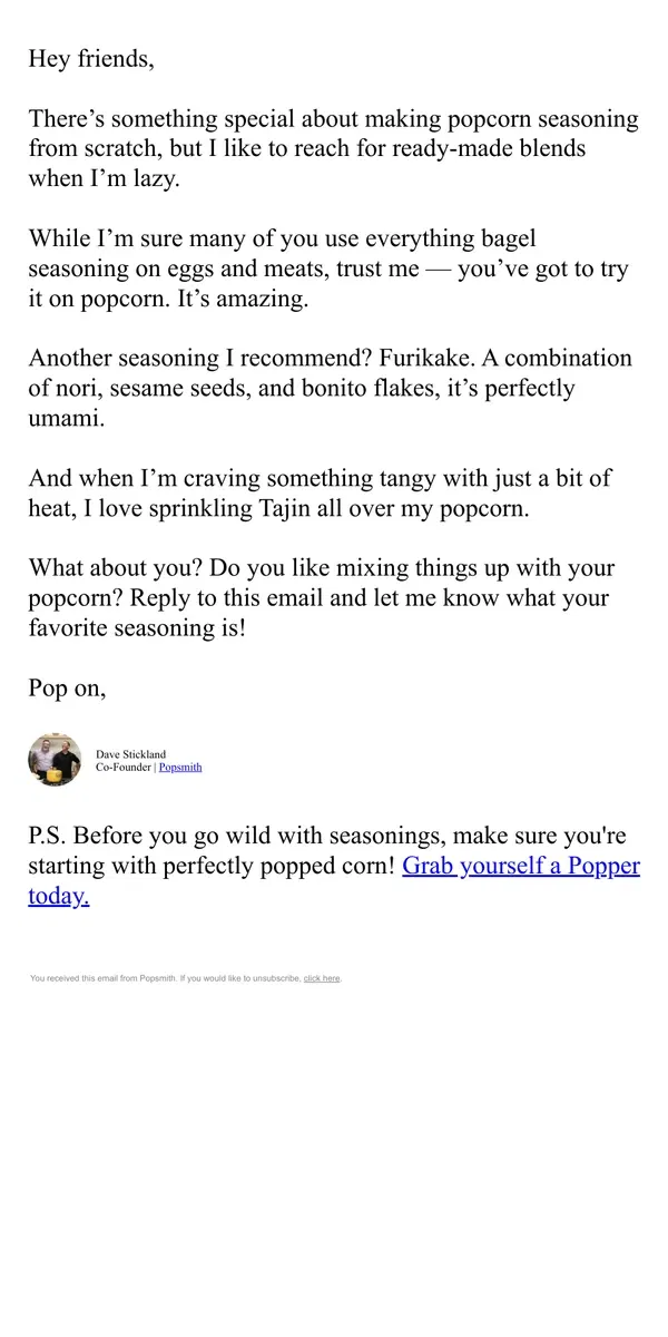 Email from Popsmith. Lazy seasoning ideas 🤫