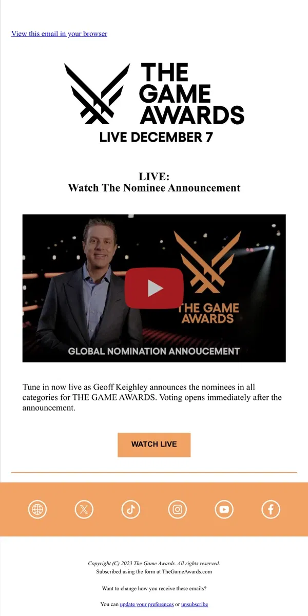 Email from The Game Awards. 🔴 THE GAME AWARDS - [LIVE] Watch The Nominations!