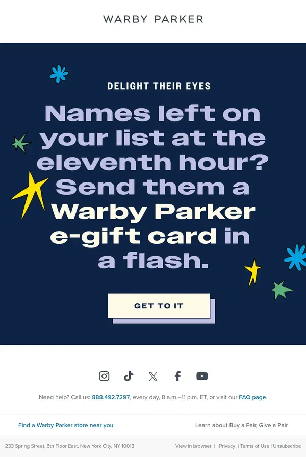 Email from Warby Parker. Need a present this second?