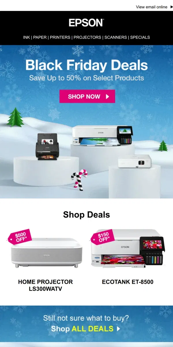 Email from Epson. New Deals: $500 Off! Black Friday Continues