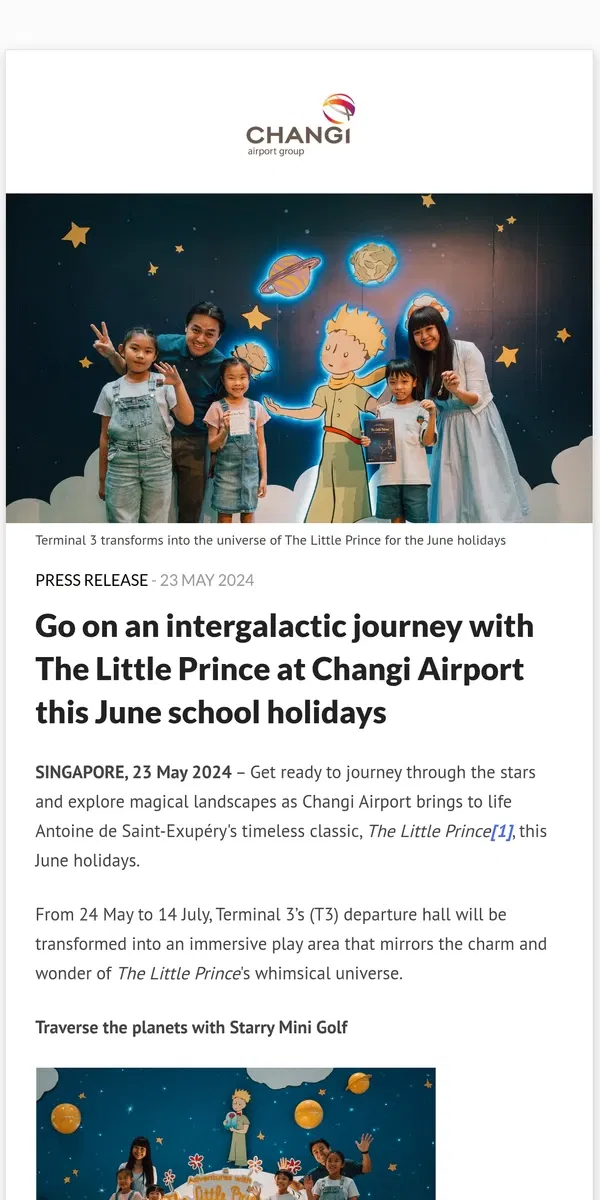 Email from Changi Airport. Go on an intergalactic journey with The Little Prince at Changi Airport this June school holidays