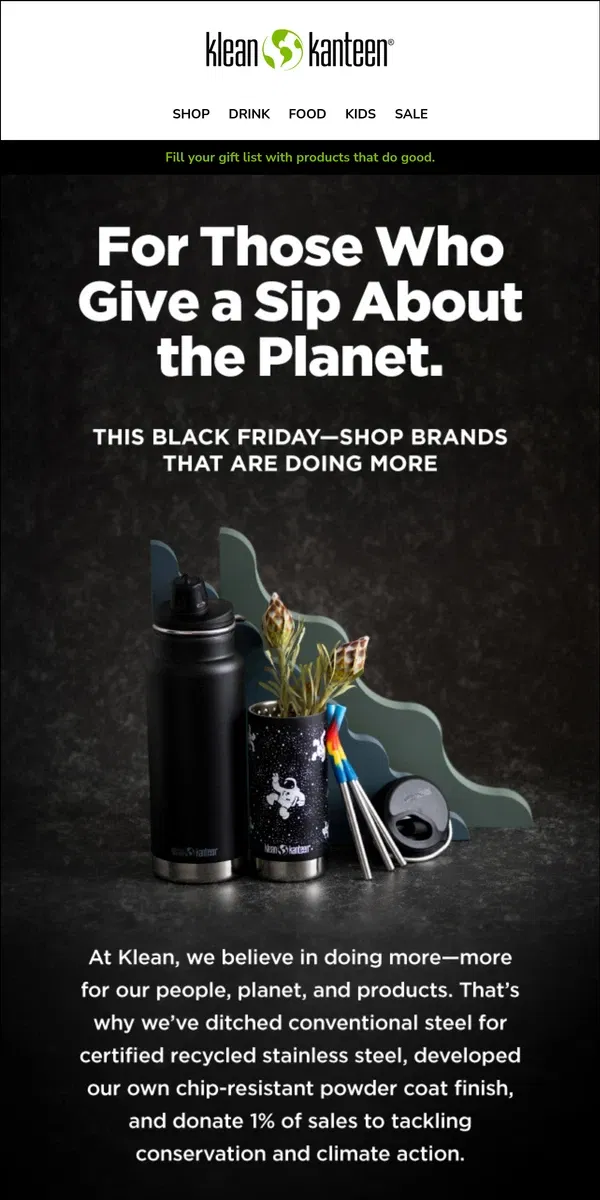 Email from Klean Kanteen. Give a Sip About the Planet.