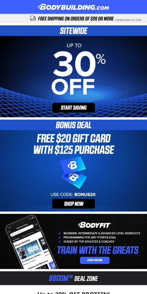 Email from Bodybuilding.com. 💥 Up to 30% Off PROTEIN! + $20 BONUS DEAL Offer 💥