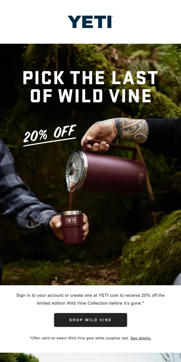 Email from YETI. Get 20% Off Limited Edition Wild Vine