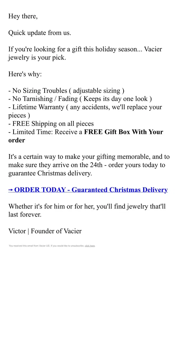 Email from Vacier. Last Call For 24th Arrivals...