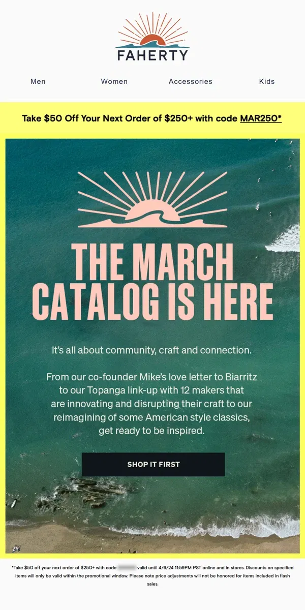 Email from Faherty. Sneak Peek: Our March Catalog