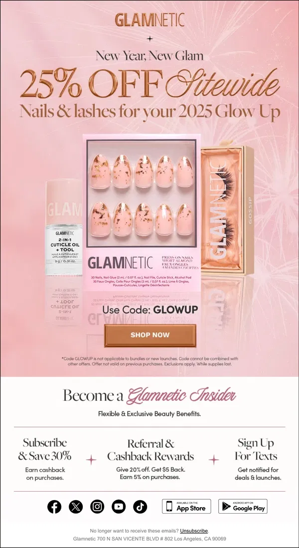 Email from Glamnetic. Happening Now: 25% Off for 2025