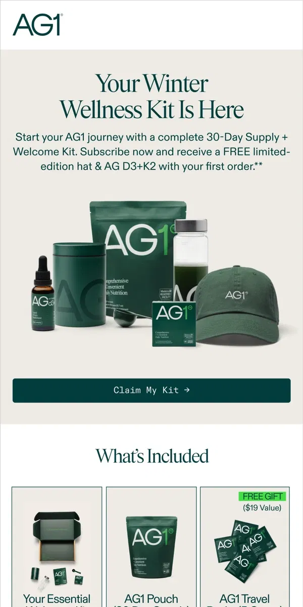 Email from AG1 by Athletic Greens. FREE AG1 Hat With Subscription