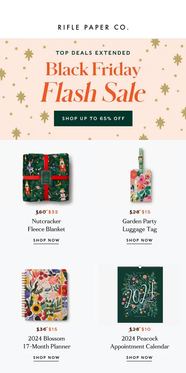 Email from Rifle Paper Co.. Our Special Flash Sale on Calendars, Planners and Blankets Is Still On...