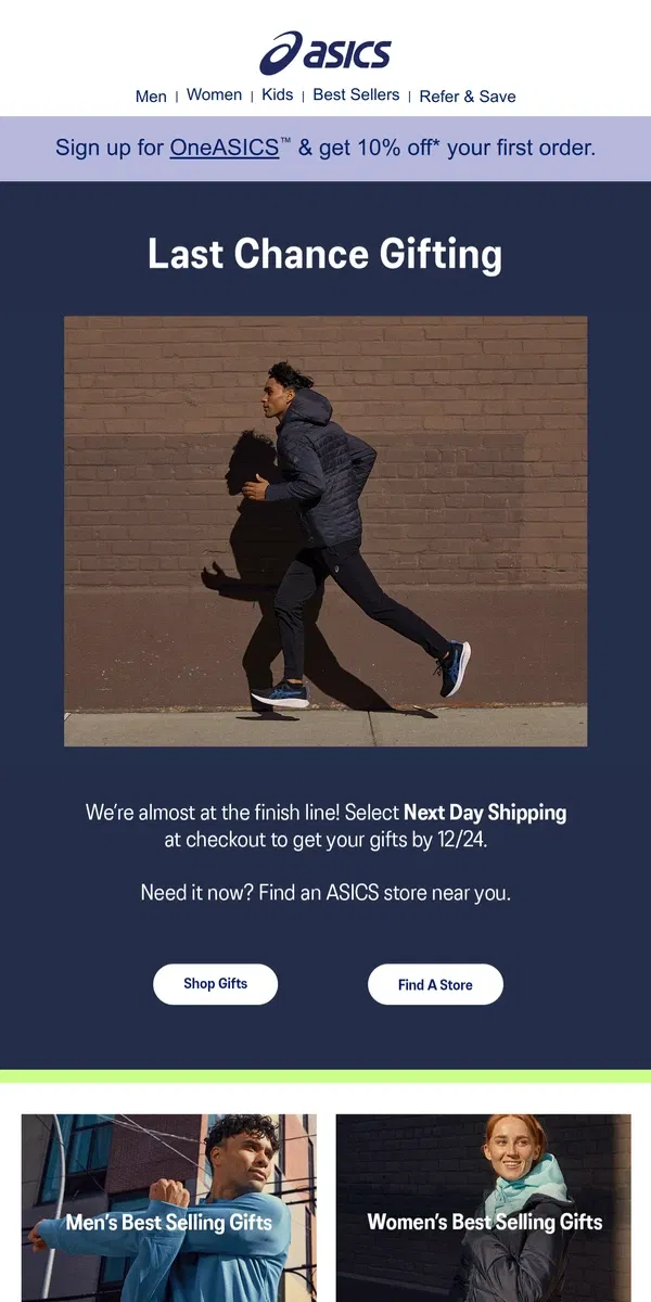 Email from ASICS. Get your gifts in time with next day shipping 🛷📦