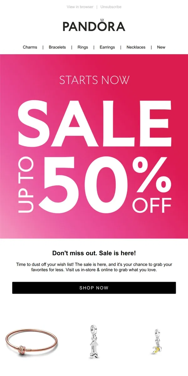 Email from Pandora Jewelry. Our Winter Sale Starts Today!