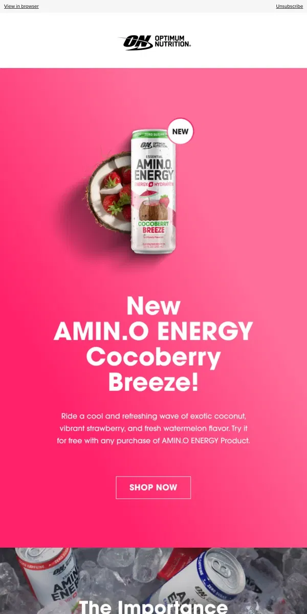 Email from Optimum Nutrition. Try it Free: AMIN.O. ENERGY Cocoberry Breeze 🥥🍓