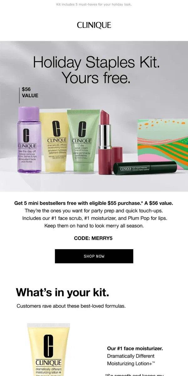 Email from Clinique. Here's your party prep kit 🥳 FREE with $55 order.